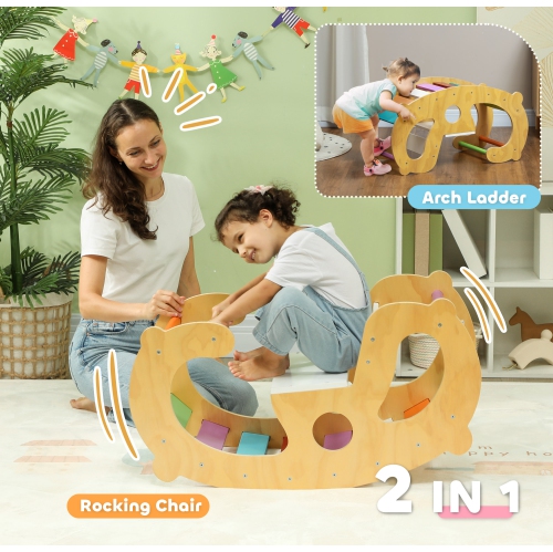 Qaba Climbing Toy for Toddlers, 2 in 1 Wooden Rainbow Climbing Arch Ladder Baby Rocker, Children Indoor Play Gym Montessori Climbing Learning Playset
