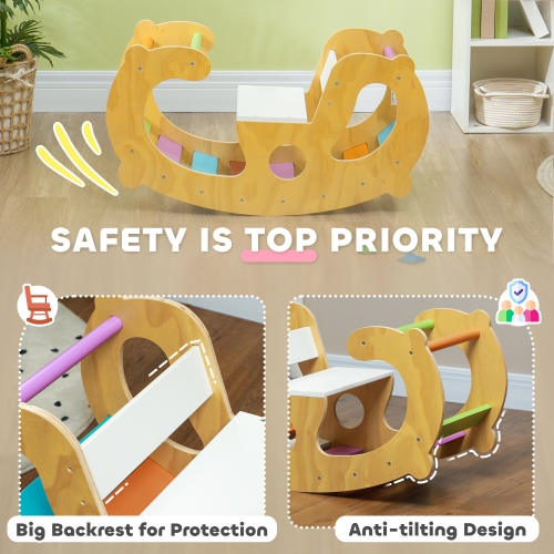 Qaba Climbing Toy for Toddlers, 2 in 1 Wooden Rainbow Climbing Arch Ladder Baby Rocker, Children Indoor Play Gym Montessori Climbing Learning Playset