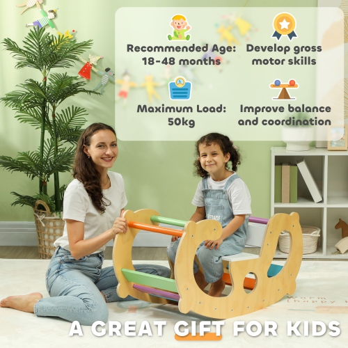 Qaba Climbing Toy for Toddlers, 2 in 1 Wooden Rainbow Climbing Arch Ladder Baby Rocker, Children Indoor Play Gym Montessori Climbing Learning Playset