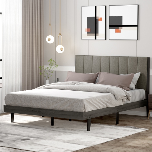 Costway Upholstered Bed Frame, Wooden Slats Support Queen Mattress Foundation with Tufted Headboard, Platform Bed with Rubber Wood Legs, No Box Sprin