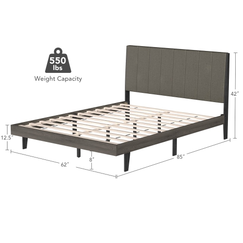 Costway Upholstered Bed Frame, Wooden Slats Support Queen Mattress Foundation with Tufted Headboard, Platform Bed with Rubber Wood Legs, No Box