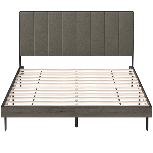Costway Upholstered Bed Frame, Wooden Slats Support Queen Mattress Foundation with Tufted Headboard, Platform Bed with Rubber Wood Legs, No Box