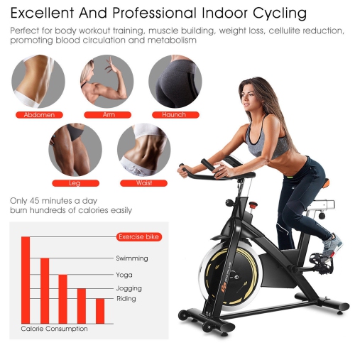 Goplus Exercise Bike, Indoor Cycling Bike with LCD Monitor & Heart Sensor, Comfortable Seat Cushion, and Multi - grips Handlebar for Home Training &