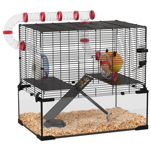 PawHut Hamster Cage, Gerbil Cage with Glass Basin, Tunnel Tube System, Ramps, Platforms, Hut, Exercise Wheel, Water Bottle, Dish, for Syrian and