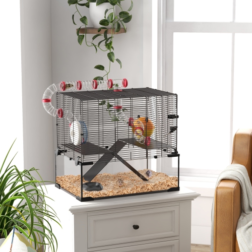 PawHut Hamster Cage, Gerbil Cage with Glass Basin, Tunnel Tube System, Ramps, Platforms, Hut, Exercise Wheel, Water Bottle, Dish, for Syrian and