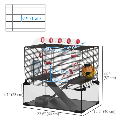 PawHut Hamster Cage, Gerbil Cage with Glass Basin, Tunnel Tube System, Ramps, Platforms, Hut, Exercise Wheel, Water Bottle, Dish, for Syrian and