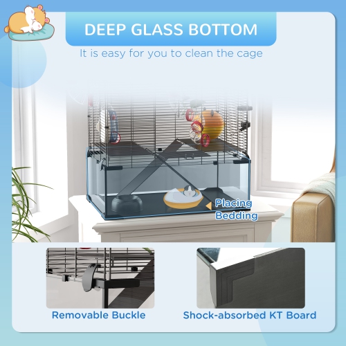 PawHut Hamster Cage, Gerbil Cage with Glass Basin, Tunnel Tube System, Ramps, Platforms, Hut, Exercise Wheel, Water Bottle, Dish, for Syrian and