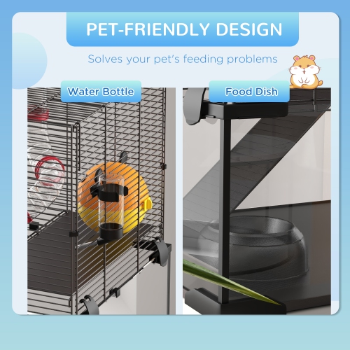 PawHut Hamster Cage, Gerbil Cage with Glass Basin, Tunnel Tube System, Ramps, Platforms, Hut, Exercise Wheel, Water Bottle, Dish, for Syrian and