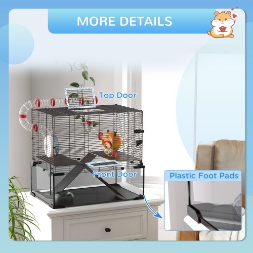 PawHut Hamster Cage, Gerbil Cage with Glass Basin, Tunnel Tube System, Ramps, Platforms, Hut, Exercise Wheel, Water Bottle, Dish, for Syrian and