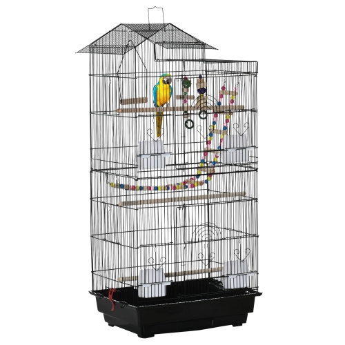 PawHut 39" Bird Cage for Budgie, Cockatiel, Conure, Small Birds, Parrot Cage with Ladder, Swing, Toys, Perches, Tray, Feeding Bowls, Handle, Black