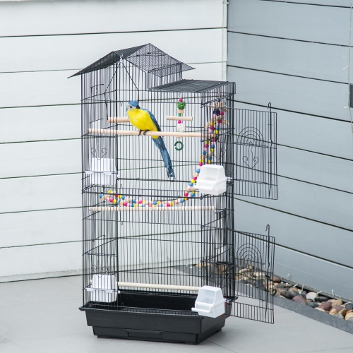 PawHut 39" Bird Cage for Budgie, Cockatiel, Conure, Small Birds, Parrot Cage with Ladder, Swing, Toys, Perches, Tray, Feeding Bowls, Handle, Black