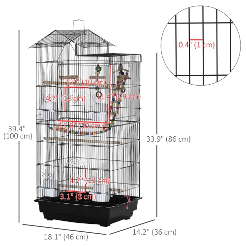 PawHut 39" Bird Cage for Budgie, Cockatiel, Conure, Small Birds, Parrot Cage with Ladder, Swing, Toys, Perches, Tray, Feeding Bowls, Handle, Black