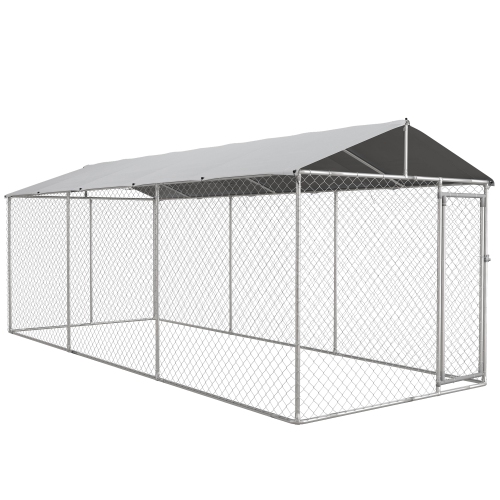 PAWHUT  Outdoor Dog Kennel Dog Run With Waterproof, Uv Resistant Cover for All-Sized Dogs, 19.7' X 7.5' X 7.5' In Silver