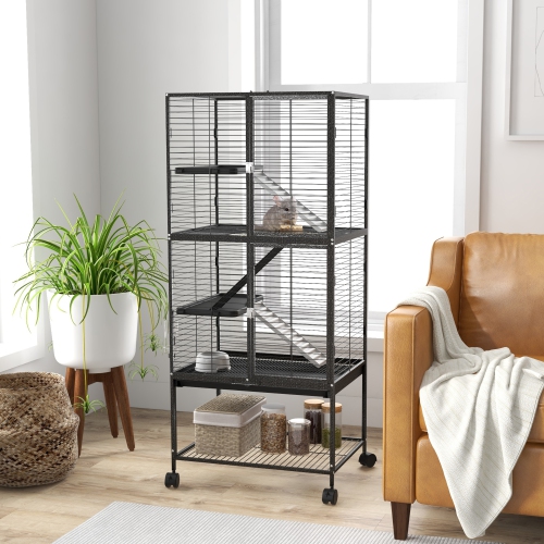 PawHut 53.5"H Ferret Cage, 4-Tier Rolling Rat Cage for Chinchillas, Rabbits, Squirrel, Small Animal Habitat with Bottom Storage Shelf, Removable
