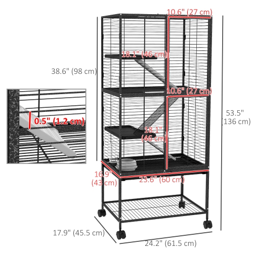 PawHut 53.5"H Ferret Cage, 4-Tier Rolling Rat Cage for Chinchillas, Rabbits, Squirrel, Small Animal Habitat with Bottom Storage Shelf, Removable