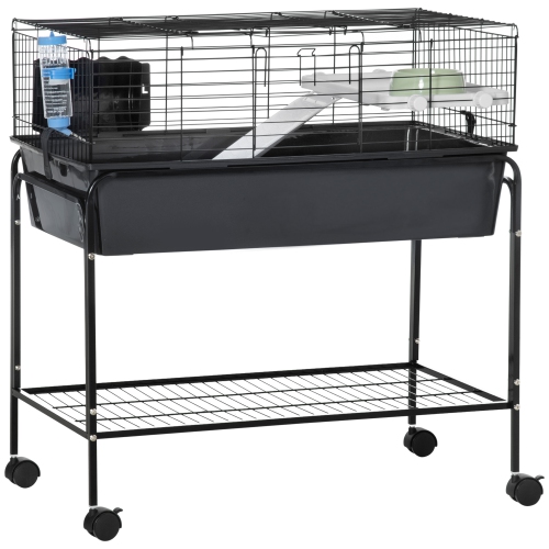 PawHut Small Animal Cage, 35" Rolling Guinea Pig Cage with Detachable Stand, Water Dispenser, Food Dish, Ramp, Wheels, for Rabbit, Bunny, Ferret,