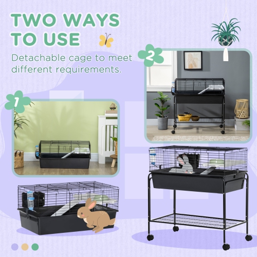 PawHut Small Animal Cage, 35" Rolling Guinea Pig Cage with Detachable Stand, Water Dispenser, Food Dish, Ramp, Wheels, for Rabbit, Bunny, Ferret,