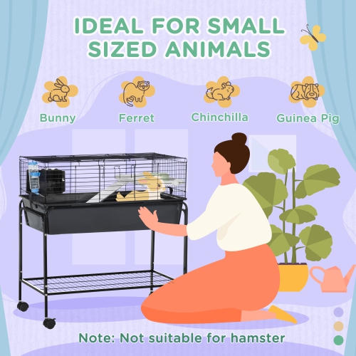 PawHut Small Animal Cage, 35" Rolling Guinea Pig Cage with Detachable Stand, Water Dispenser, Food Dish, Ramp, Wheels, for Rabbit, Bunny, Ferret,