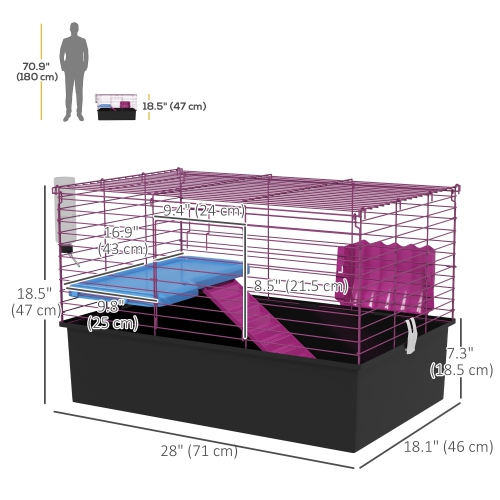 PawHut 28" L Rabbit Cage, Guinea Pig Cage, Small Animal Habitat with Water Bottle, Food Dish, Platform, Ramp, for Ferret, Chinchilla, Hedgehog, Black