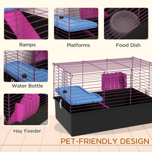 PawHut 28" L Rabbit Cage, Guinea Pig Cage, Small Animal Habitat with Water Bottle, Food Dish, Platform, Ramp, for Ferret, Chinchilla, Hedgehog, Black