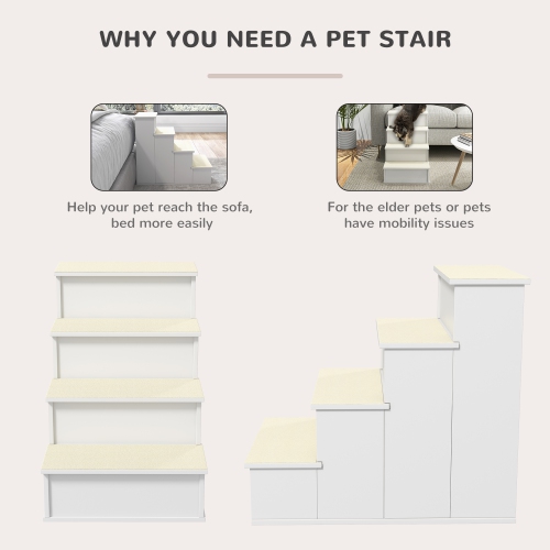 PawHut Pet Stairs Dog Steps for High Bed, 4 Levels Dog Stairs for Car, Wooden Cat Ladder with Non-Slip Carpet, 15.7" L x 23.2" W x 21.3" H, White