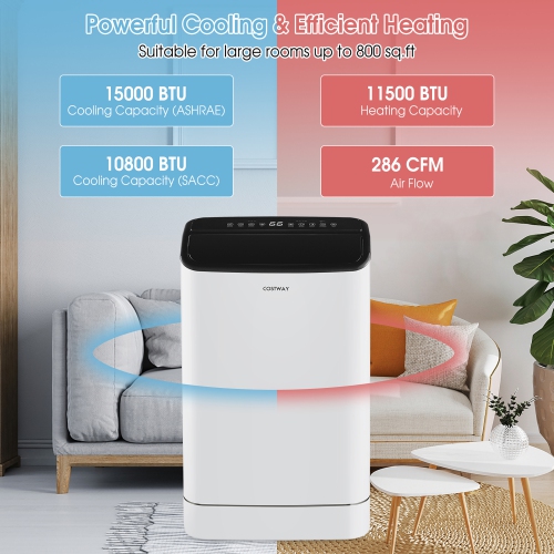 Costway 15000 BTU Portable Air Conditioner, with Heat, Auto Swing 4-in-1 AC Unit for Rooms up to 800 Sq.Ft, with Built-in Dehumidifier, 24H Timer,