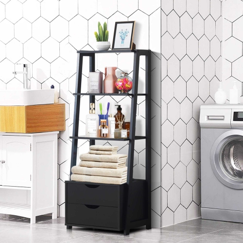 Étagère en échelle de Costway, étagère de rangement moderne en bois à 4 niveaux, rangement avec tiroirs, armoire de salle de bain, support à fleurs,