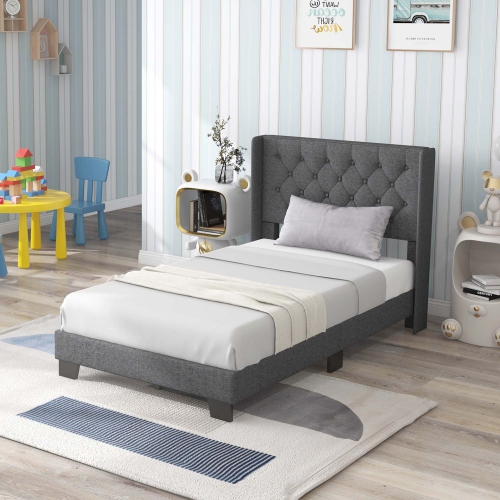 Costway Twin Bed Frame for Kids, Modern Fabric Upholstered Platform Bed with Wingback Button Tufted Headboard, Solid Wooden Slats Support Mattress Fo