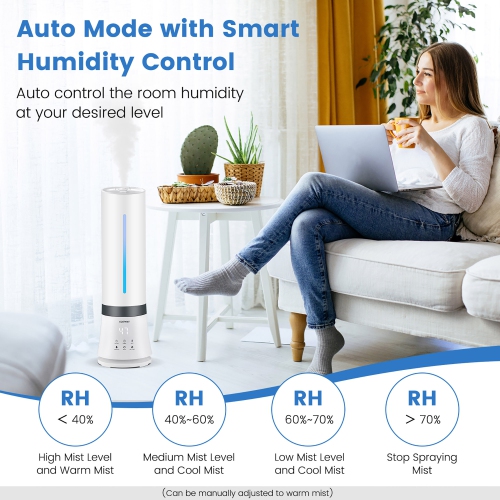 Costway Humidifier for Large Room, 2.4 Gallon Warm & Cool Mist Top Fill Ultrasonic Air Vaporizer w/ Auto Mode, Humidity Sensor, Night Light, 12H