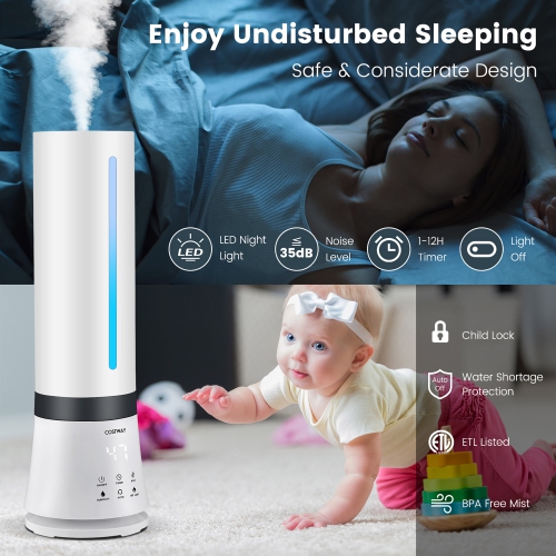 Costway Humidifier for Large Room, 2.4 Gallon Warm & Cool Mist Top Fill Ultrasonic Air Vaporizer w/ Auto Mode, Humidity Sensor, Night Light, 12H