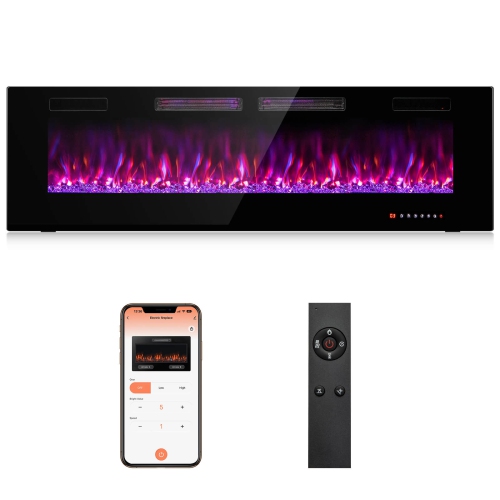 Costway Ultra-Thin Electric Fireplace 60-inch Wide, 750W/1500W Wall-Mounted and Recessed Fireplace Heater with 12 Flame and Flame Bed Color, Remote a