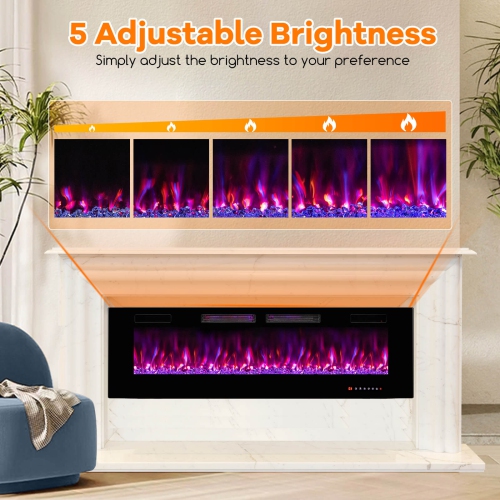 Costway Ultra-Thin Electric Fireplace 60-inch Wide, 750W/1500W Wall-Mounted and Recessed Fireplace Heater with 12 Flame and Flame Bed Color, Remote