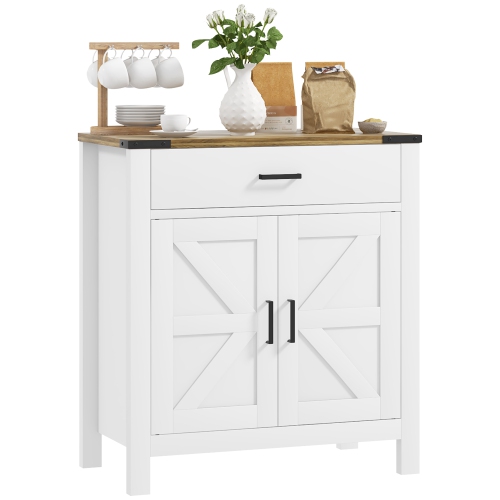 HOMCOM – buffet avec portes de style grange et tablette réglable, armoire de cuisine champêtre, blanc, armoire de rangement à 1 tiroirs 1