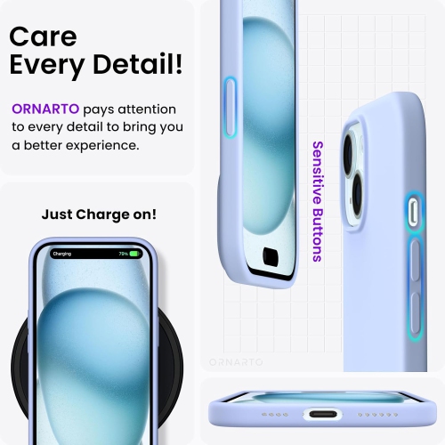 ORNARTO Compatible with iPhone 15 Plus Case 6.7", Slim Liquid Silicone 3 Layers Full Covered Soft Gel Rubber Case Protective Cover 6.7 inch-Baby Blue