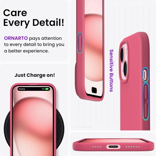 ORNARTO Compatible with iPhone 15 Plus Case 6.7", Slim Liquid Silicone 3 Layers Full Covered Soft Gel Rubber Case Protective Cover 6.7 inch-Peach