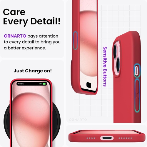 ORNARTO Compatible with iPhone 15 Plus Case 6.7", Slim Liquid Silicone 3 Layers Full Covered Soft Gel Rubber Case Protective Cover 6.7 inch-Red