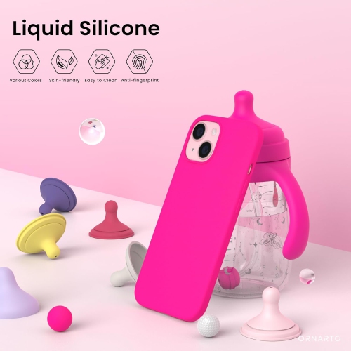 ORNARTO Compatible with iPhone 15 Plus Case 6.7", Slim Liquid Silicone 3 Layers Full Covered Soft Gel Rubber Case Protective Cover 6.7 inch-Hot Pink