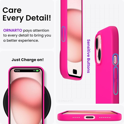ORNARTO Compatible with iPhone 15 Plus Case 6.7", Slim Liquid Silicone 3 Layers Full Covered Soft Gel Rubber Case Protective Cover 6.7 inch-Hot Pink