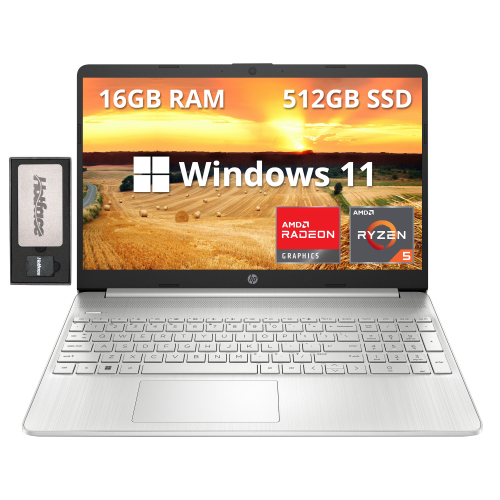 HP 15.6" FHD Laptop, AMD Ryzen 5-5500U Processor, 512GB PCIe SSD, 16GB RAM, AMD Radeon Graphics, HD Webcam, Wi-fi, Bluetooth, Windows 11, Silver,
