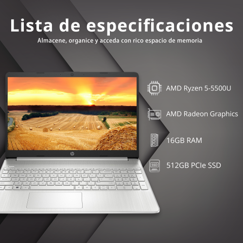 HP 15.6" FHD Laptop, AMD Ryzen 5-5500U Processor, 512GB PCIe SSD, 16GB RAM, AMD Radeon Graphics, HD Webcam, Wi-fi, Bluetooth, Windows 11, Silver,