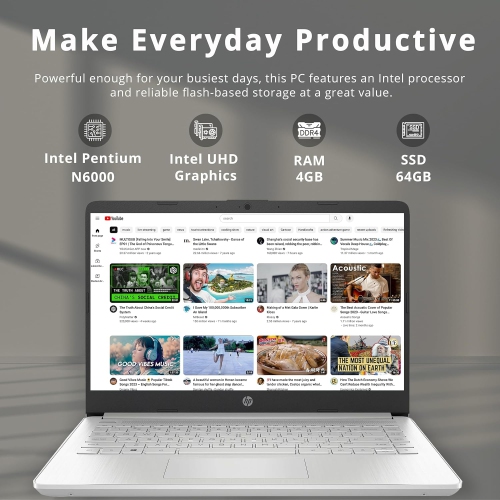 HP 14" FHD Lightweight Laptop, Intel Pentium Silver N6000, 64GB eMMC Storage, 4GB RAM, 720p Webcam, Intel UHD Graphics, Wi-Fi 5, Bluetooth, Win 11,