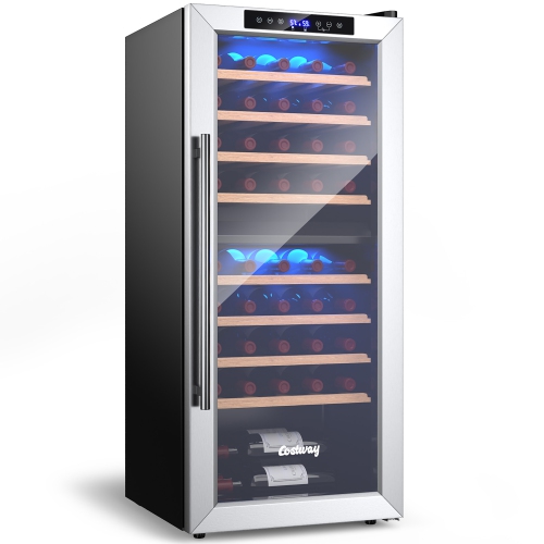 Costway 20-Inch Wine Cooler Refrigerator, Dual Zone Wine Fridge with 8 Wooden Shelves for 43 Bottles of Wine, Freestanding Wine & Beverage Refrigerat