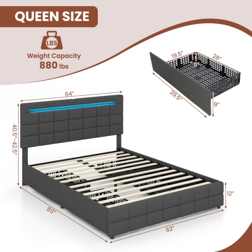 Costway Queen Bed Frame with LED Lights and 4 Drawers, Upholstered Platform Bed Frame with USB Ports, Tufted Adjustable Headboard Design, Solid