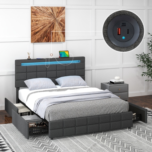Costway Queen Bed Frame with LED Lights and 4 Drawers, Upholstered Platform Bed Frame with USB Ports, Tufted Adjustable Headboard Design, Solid