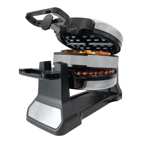 JS Gourmet - Double Belgian Waffle Maker, 180° Rotation, Non-Stick Surface, Stainless Steel