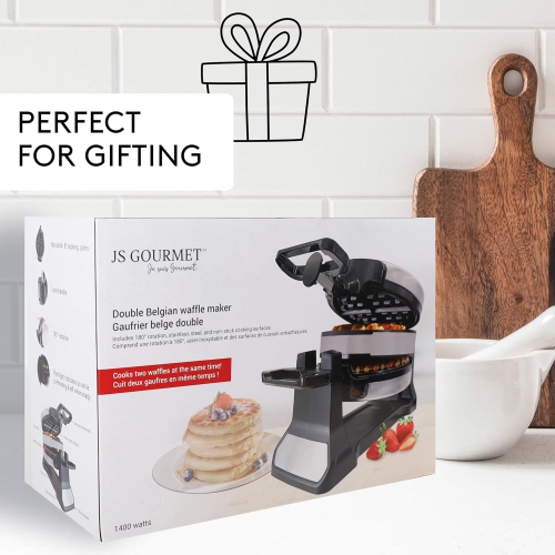 JS Gourmet – gaufrier belge double, rotation à 180°, surface antiadhésive, acier inoxydable