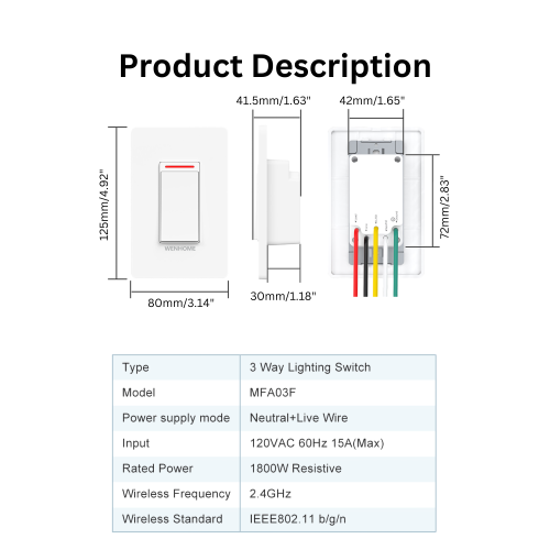 WENHOME 3-Way Smart Light Switch, Neutral Wire and 2.4 GHZ WiFi Required, Remote and voice control, Works with Alexa and Google Home, No Hub
