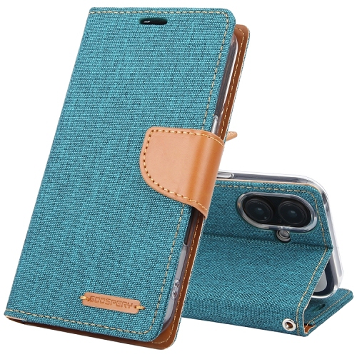 GOOSPERY  Topsave Canvas Card Holder Fabric Folio Wallet Flip Case for Iphone 16 Plus (6.7") In Green