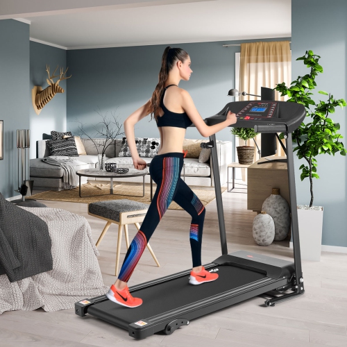 Goplus Folding Treadmill, Electric Motorized Fitness Exercise Running Machine with 12 Preset Programs, Heart Sensor and Moving Wheels Manual Incline