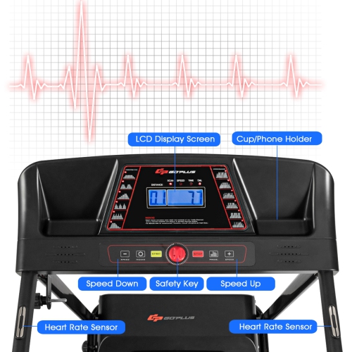Goplus Folding Treadmill, Electric Motorized Fitness Exercise Running Machine with 12 Preset Programs, Heart Sensor and Moving Wheels Manual Incline